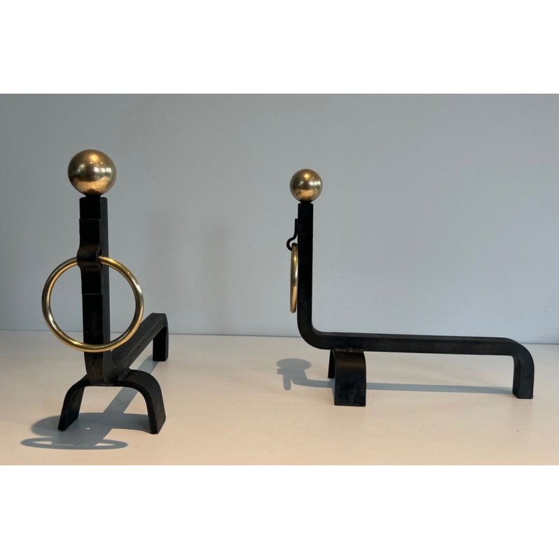 Pair of Wrought Iron and Polished Brass Andirons with Ball Finials and Ring Details, in the Manner of Jacques Adnet