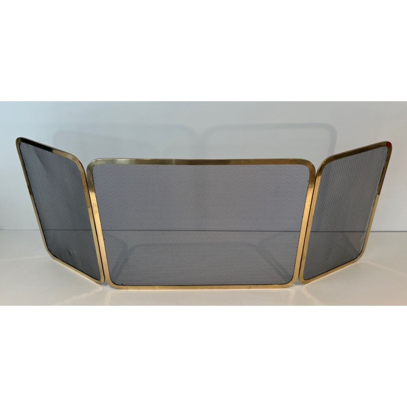 Three-Panel Polished Brass and Steel Mesh Folding Fireplace Screen