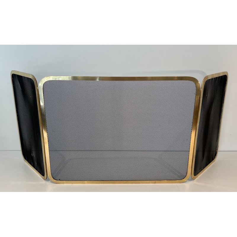 Three-Panel Polished Brass and Steel Mesh Folding Fireplace Screen