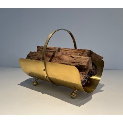 Porte-Bûches de Style Néoclassique en Laiton Poli à Anse Arquée et Pieds Boules