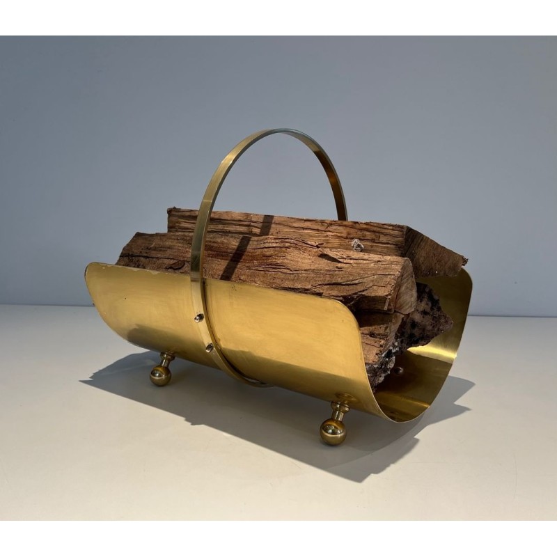 Neoclassical Style Polished Brass Log Holder with Arched Carrying Handle and Ball Feet