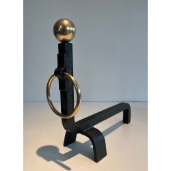Pair of Wrought Iron and Polished Brass Andirons with Ball Finials and Ring Details, in the Manner of Jacques Adnet