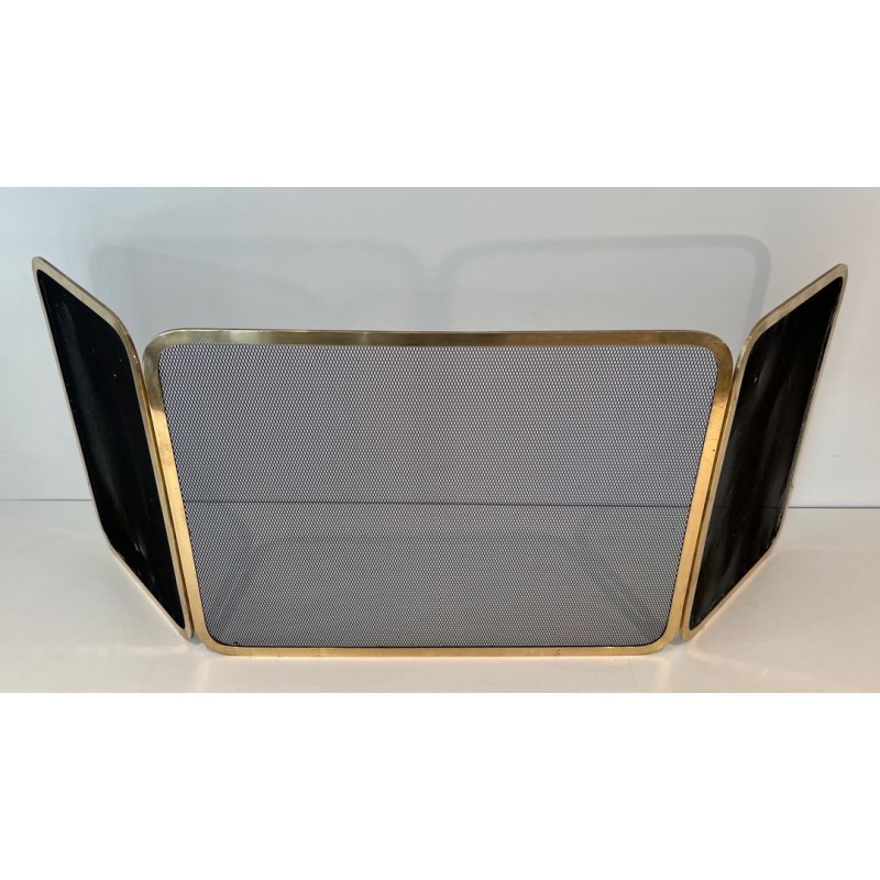 Three-Panel Polished Brass and Steel Mesh Folding Fireplace Screen
