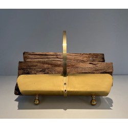 Neoclassical Style Polished Brass Log Holder with Arched Carrying Handle and Ball Feet