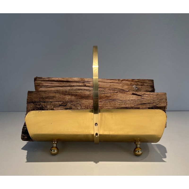 Neoclassical Style Polished Brass Log Holder with Arched Carrying Handle and Ball Feet