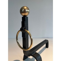 Pair of Wrought Iron and Polished Brass Andirons with Ball Finials and Ring Details, in the Manner of Jacques Adnet