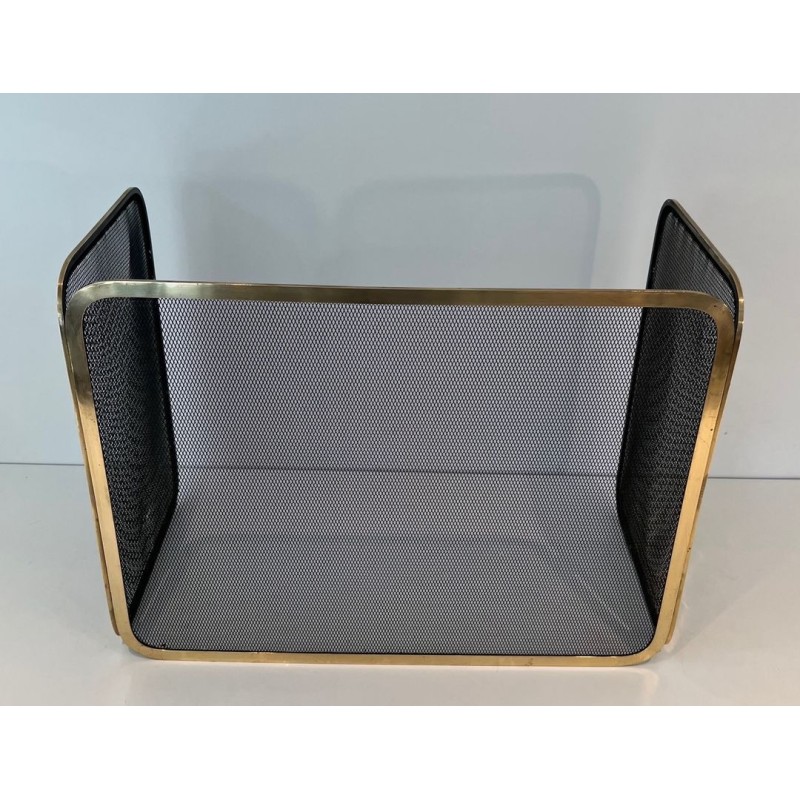 Three-Panel Polished Brass and Steel Mesh Folding Fireplace Screen