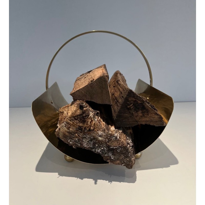 Neoclassical Style Polished Brass Log Holder with Arched Carrying Handle and Ball Feet