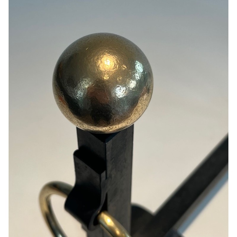Pair of Wrought Iron and Polished Brass Andirons with Ball Finials and Ring Details, in the Manner of Jacques Adnet