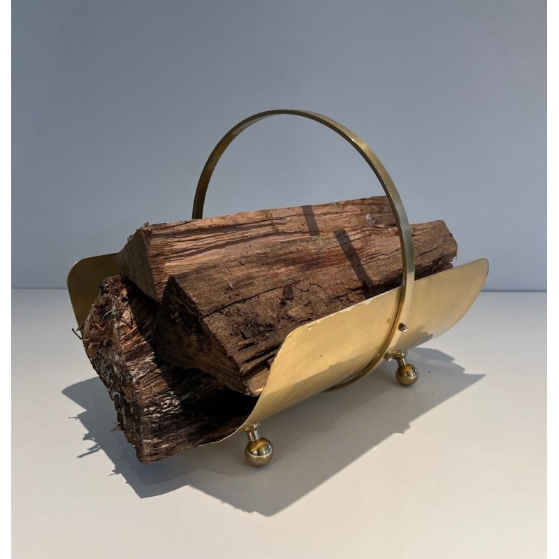 Neoclassical Style Polished Brass Log Holder with Arched Carrying Handle and Ball Feet