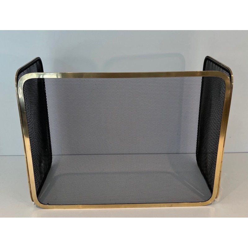 Three-Panel Polished Brass and Steel Mesh Folding Fireplace Screen