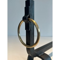 Pair of Wrought Iron and Polished Brass Andirons with Ball Finials and Ring Details, in the Manner of Jacques Adnet