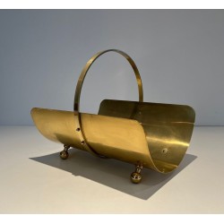 Neoclassical Style Polished Brass Log Holder with Arched Carrying Handle and Ball Feet