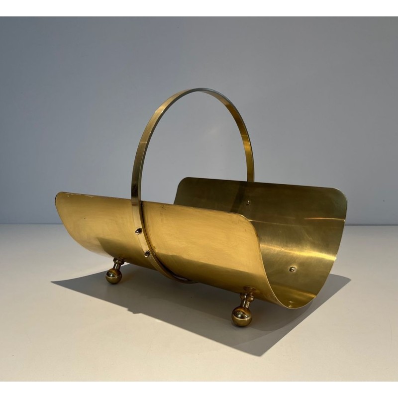 Neoclassical Style Polished Brass Log Holder with Arched Carrying Handle and Ball Feet