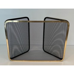 Three-Panel Polished Brass and Steel Mesh Folding Fireplace Screen