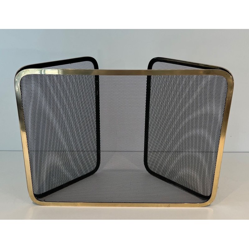 Three-Panel Polished Brass and Steel Mesh Folding Fireplace Screen