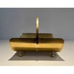 Neoclassical Style Polished Brass Log Holder with Arched Carrying Handle and Ball Feet