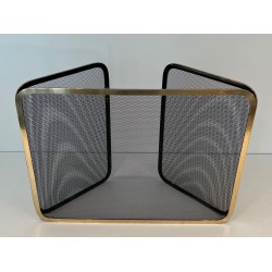 Three-Panel Polished Brass and Steel Mesh Folding Fireplace Screen