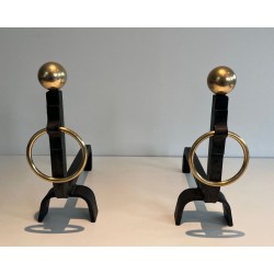 Pair of Wrought Iron and Polished Brass Andirons with Ball Finials and Ring Details, in the Manner of Jacques Adnet