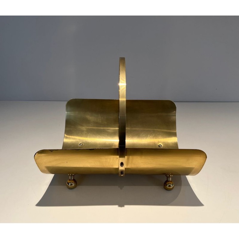 Neoclassical Style Polished Brass Log Holder with Arched Carrying Handle and Ball Feet