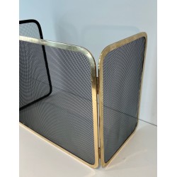 Three-Panel Polished Brass and Steel Mesh Folding Fireplace Screen