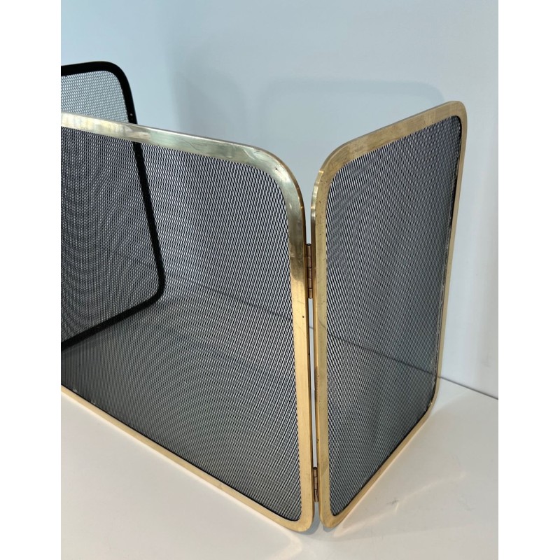 Three-Panel Polished Brass and Steel Mesh Folding Fireplace Screen