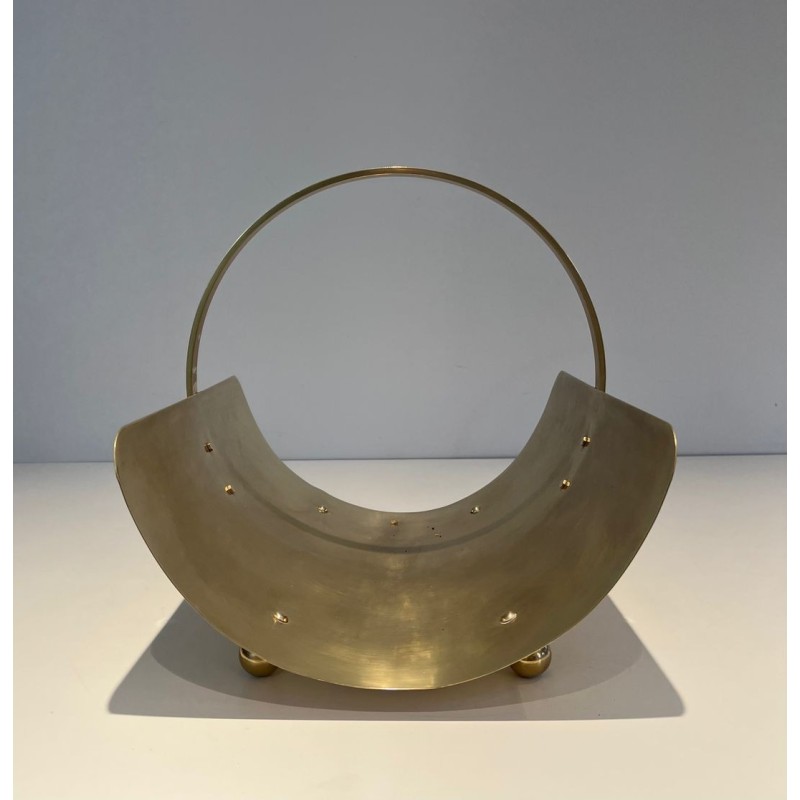 Neoclassical Style Polished Brass Log Holder with Arched Carrying Handle and Ball Feet