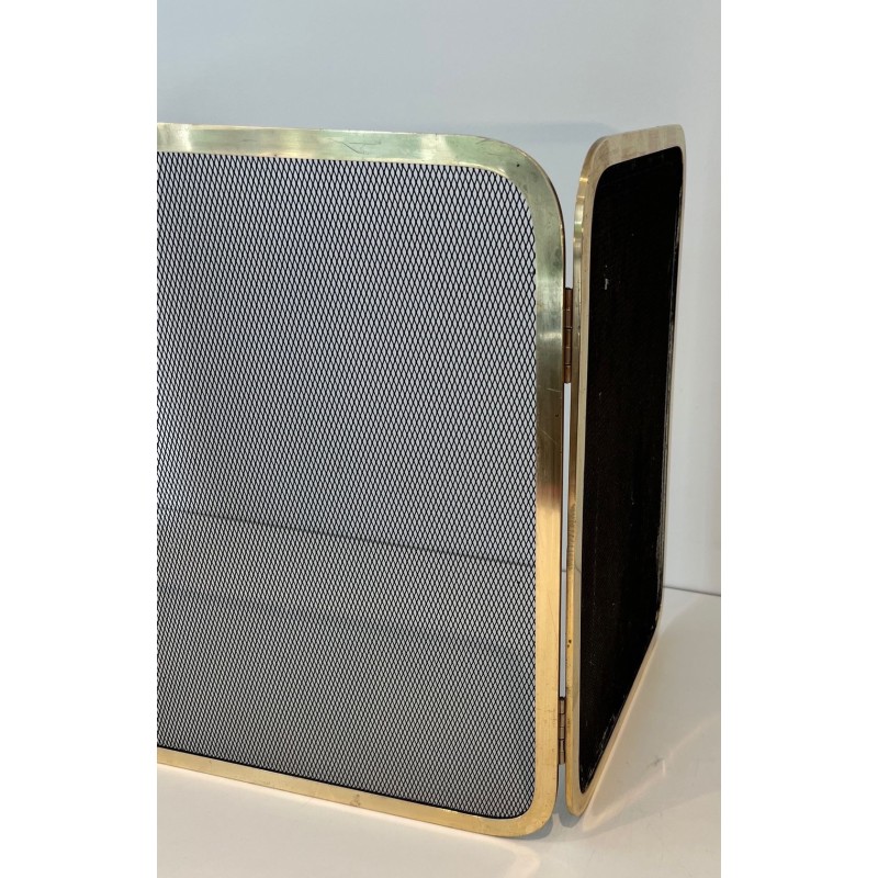 Three-Panel Polished Brass and Steel Mesh Folding Fireplace Screen