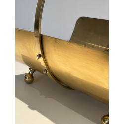 Neoclassical Style Polished Brass Log Holder with Arched Carrying Handle and Ball Feet