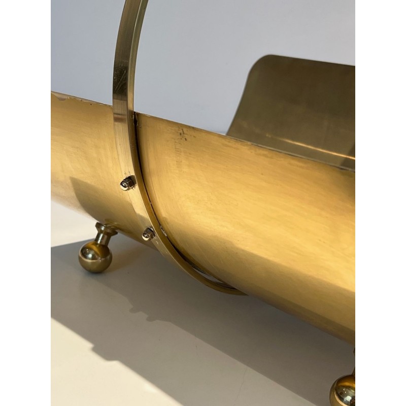 Neoclassical Style Polished Brass Log Holder with Arched Carrying Handle and Ball Feet