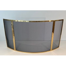 Design Three-Panel Curved Fireplace Screen in Polished Brass and Black Steel Mesh
