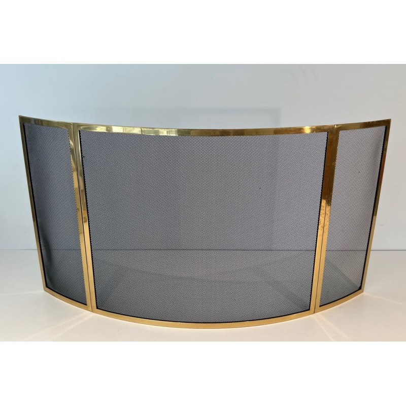 Design Three-Panel Curved Fireplace Screen in Polished Brass and Black Steel Mesh