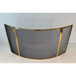 Design Three-Panel Curved Fireplace Screen in Polished Brass and Black Steel Mesh