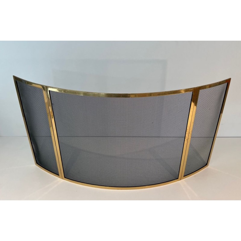 Design Three-Panel Curved Fireplace Screen in Polished Brass and Black Steel Mesh