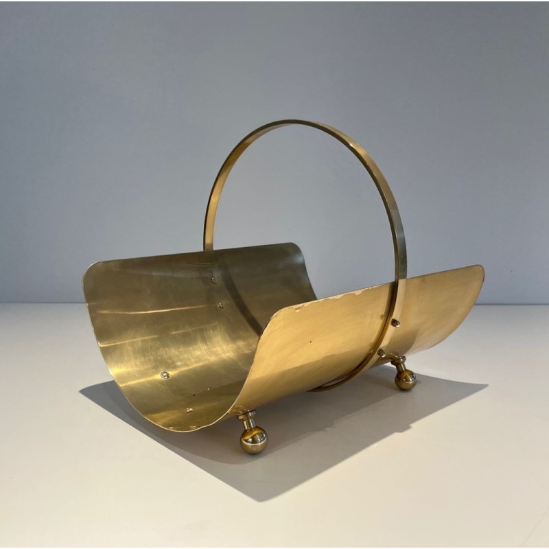 Neoclassical Style Polished Brass Log Holder with Arched Carrying Handle and Ball Feet