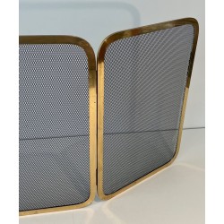 Three-Panel Polished Brass and Steel Mesh Folding Fireplace Screen
