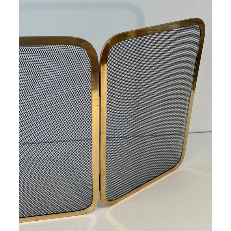 Three-Panel Polished Brass and Steel Mesh Folding Fireplace Screen