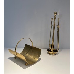 Neoclassical Style Polished Brass Log Holder with Arched Carrying Handle and Ball Feet