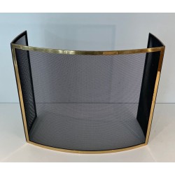 Design Three-Panel Curved Fireplace Screen in Polished Brass and Black Steel Mesh