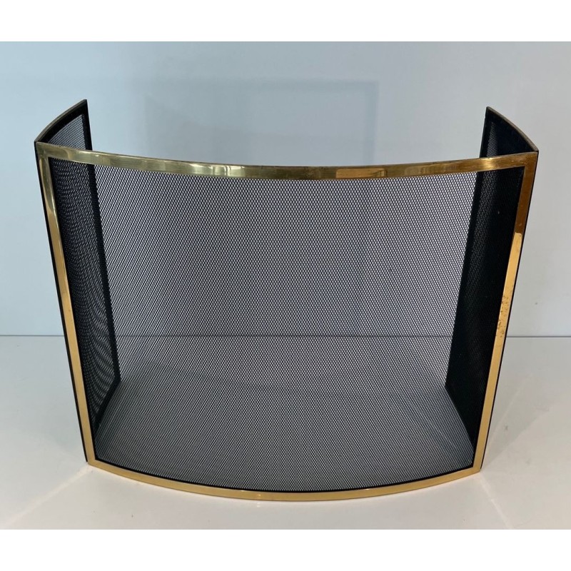 Design Three-Panel Curved Fireplace Screen in Polished Brass and Black Steel Mesh