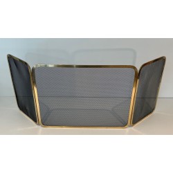 Three-Panel Polished Brass and Steel Mesh Folding Fireplace Screen