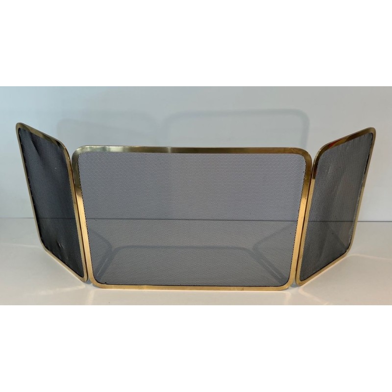 Three-Panel Polished Brass and Steel Mesh Folding Fireplace Screen