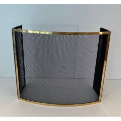 Design Three-Panel Curved Fireplace Screen in Polished Brass and Black Steel Mesh