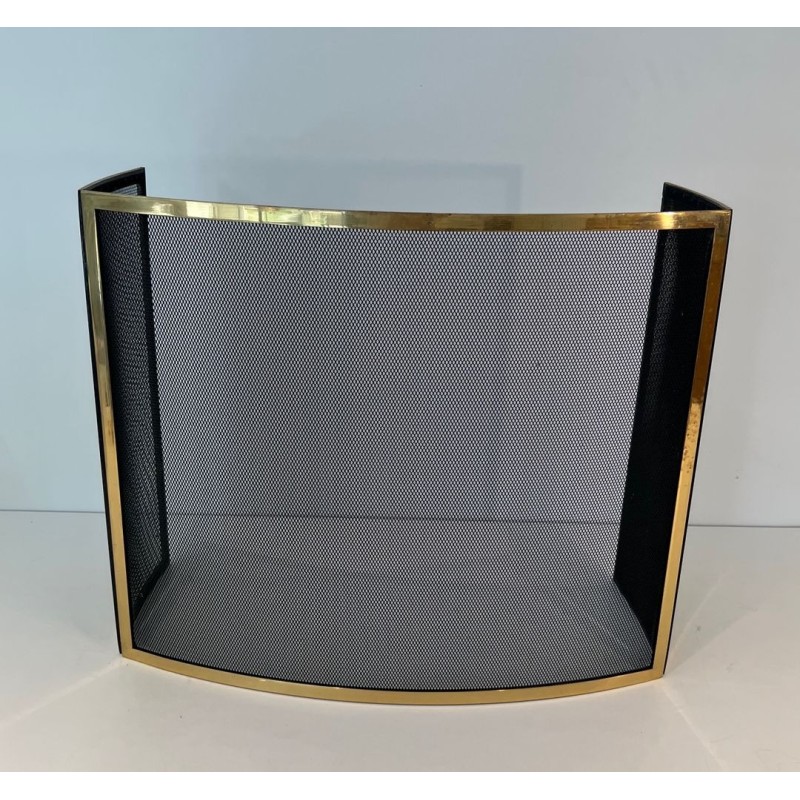 Design Three-Panel Curved Fireplace Screen in Polished Brass and Black Steel Mesh