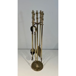 Neoclassical Style Brass Fireplace Companion Set with Stacked Ball Finials on Tripod Stand