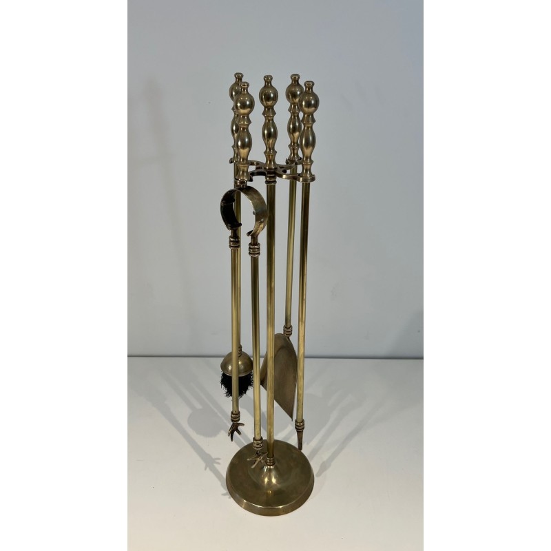 Neoclassical Style Brass Fireplace Companion Set with Stacked Ball Finials on Tripod Stand