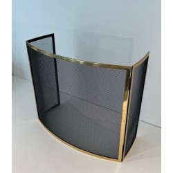 Design Three-Panel Curved Fireplace Screen in Polished Brass and Black Steel Mesh