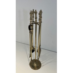 Neoclassical Style Brass Fireplace Companion Set with Stacked Ball Finials on Tripod Stand