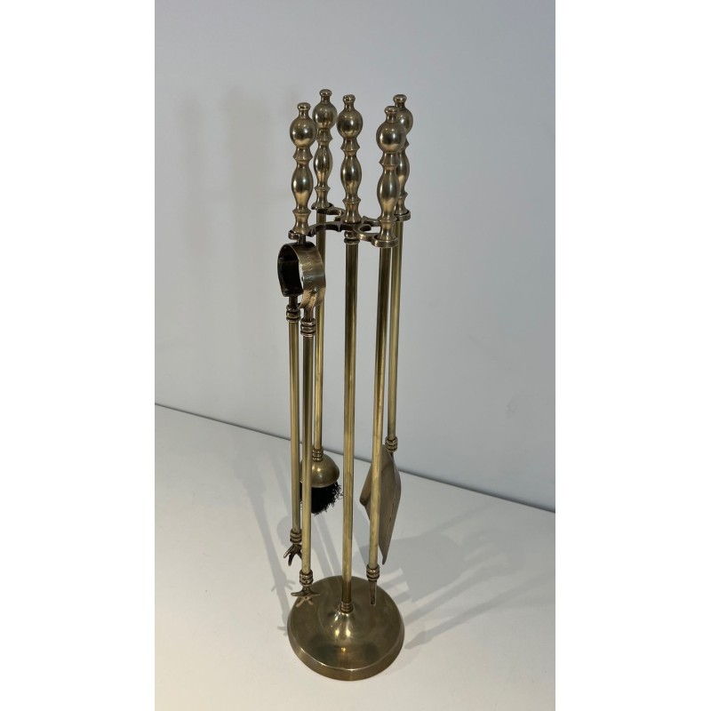 Neoclassical Style Brass Fireplace Companion Set with Stacked Ball Finials on Tripod Stand