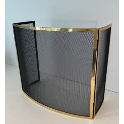 Design Three-Panel Curved Fireplace Screen in Polished Brass and Black Steel Mesh